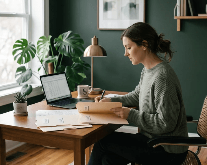 A transaction coordinator working through closing paperwork at a home office desk